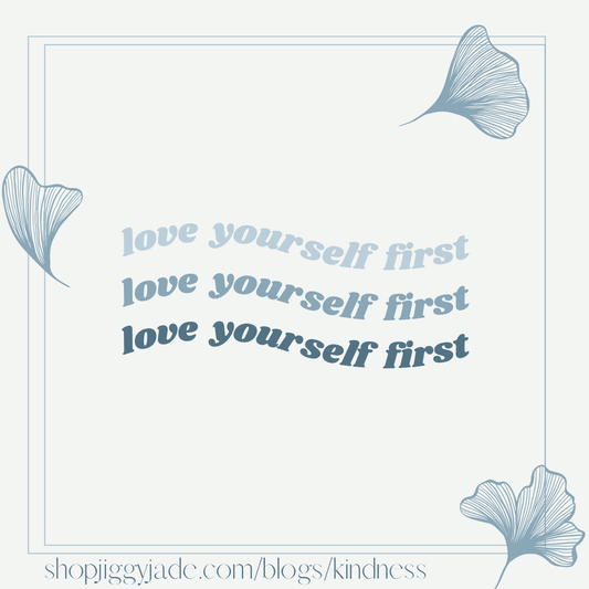 the quote "love yourself first" in three shades of blue
